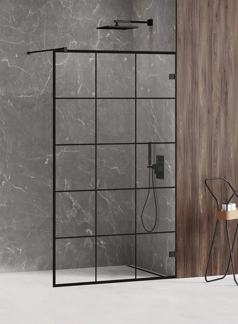 New Trendy Avexa Black Kabina Prysznicowa Walk-In 130x200 cm Szkło Przezroczyste 6 mm Wzór Kratka (EXK-2026)